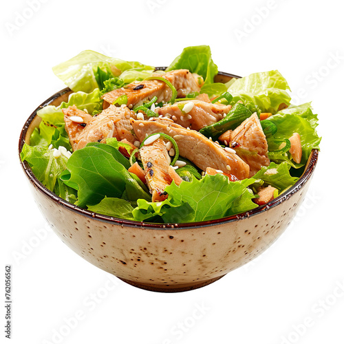 front view of delectable Chinese Chicken Salad in an elegant porcelain bowl, food photography style isolated on a white transparent background. 