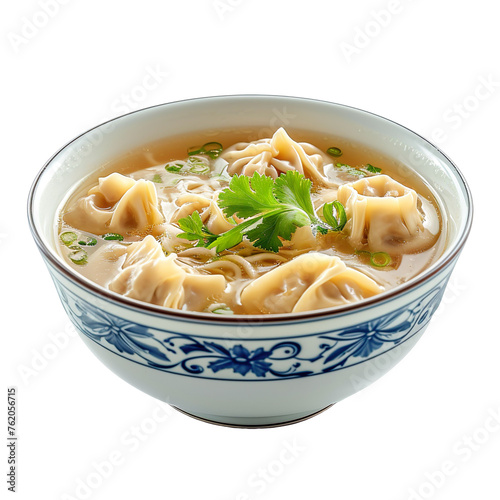  front view of delectable Wonton Noodle Soup in an elegant porcelain bowl, food photography style isolated on a white transparent background.. 