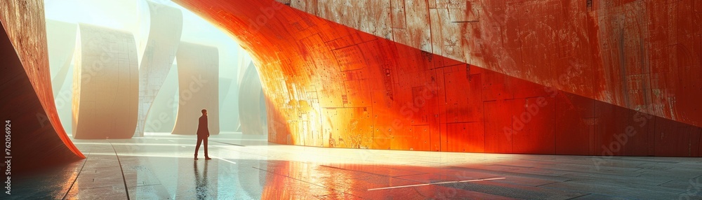 Silhouette of a person standing in a vast space with curved, sunlit red and white abstract architecture around them. Silhouette of a person standing in a vast space with curved, sunlit red and white abstract architecture around them.