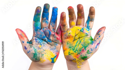 Vibrant painted hands raised, symbol of creativity and fun. artistic expression, colorful palms. perfect for craft ideas inspiration. messy play concept. AI