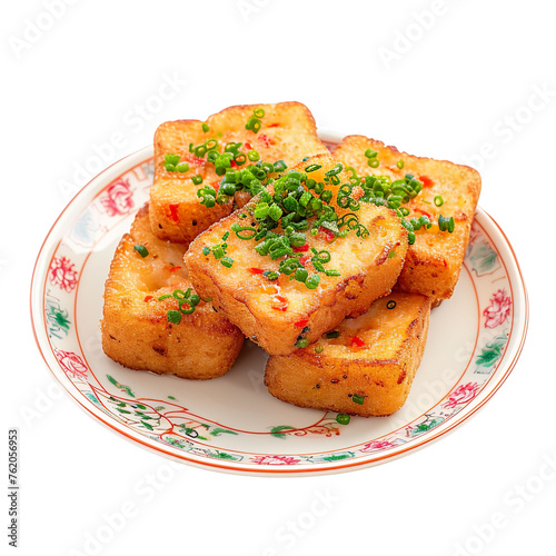  front view of flavorful Prawn Toast on an antique Chinese plate, food photography style isolated on a white transparent background..