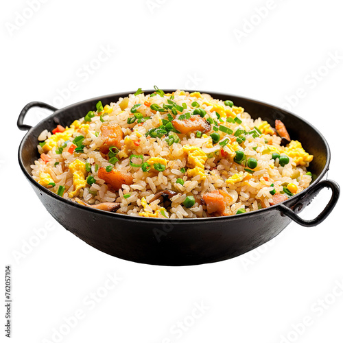 front view of mouth-watering Egg Fried Rice served in a traditional iron wok, food photography style isolated on a white transparent background..
