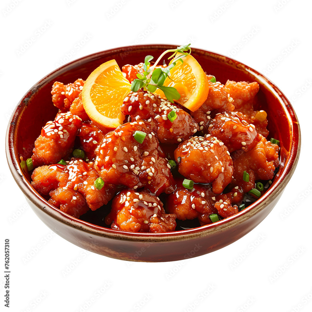 front view of scrumptious Crispy Orange Chicken in a traditional red lacquer plate, food photography style isolated on a white background. front view of scrumptious Crispy Orange Chicken in a traditional red lacquer plate, food photography style isolated on a white background.