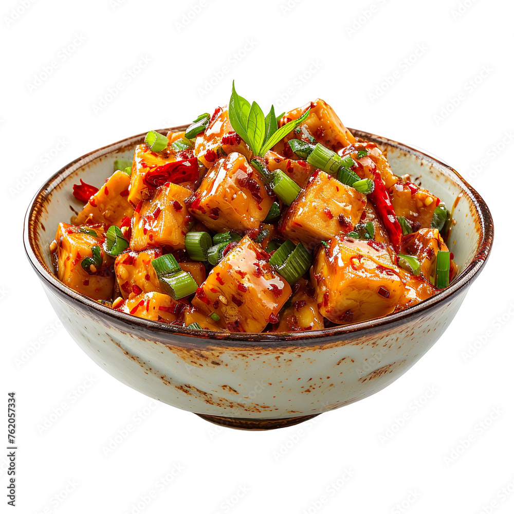 front view of scrumptious Crispy Szechuan Tofu in an antique ceramic bowl, food photography style isolated on a white background. front view of scrumptious Crispy Szechuan Tofu in an antique ceramic bowl, food photography style isolated on a white background.