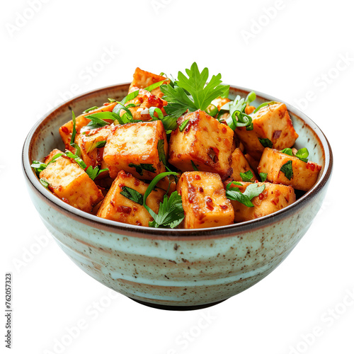  front view of scrumptious Crispy Szechuan Tofu in an antique ceramic bowl, food photography style isolated on a white background. 