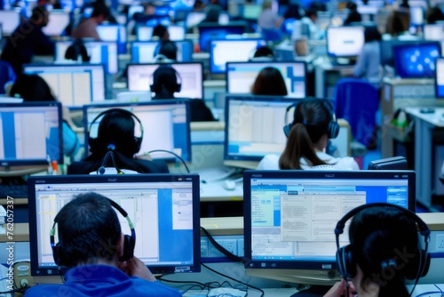 Busy call center with operators fielding customer calls and providing assistance, their desks adorned with headsets and computer monitors, Generative AI photo