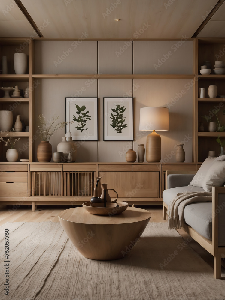 Japandi-Stilvolles Wohnzimmer mit Holzdesign und sanfter Beleuchtung für eine natürliche Atmosphäre - obrazy, fototapety, plakaty 