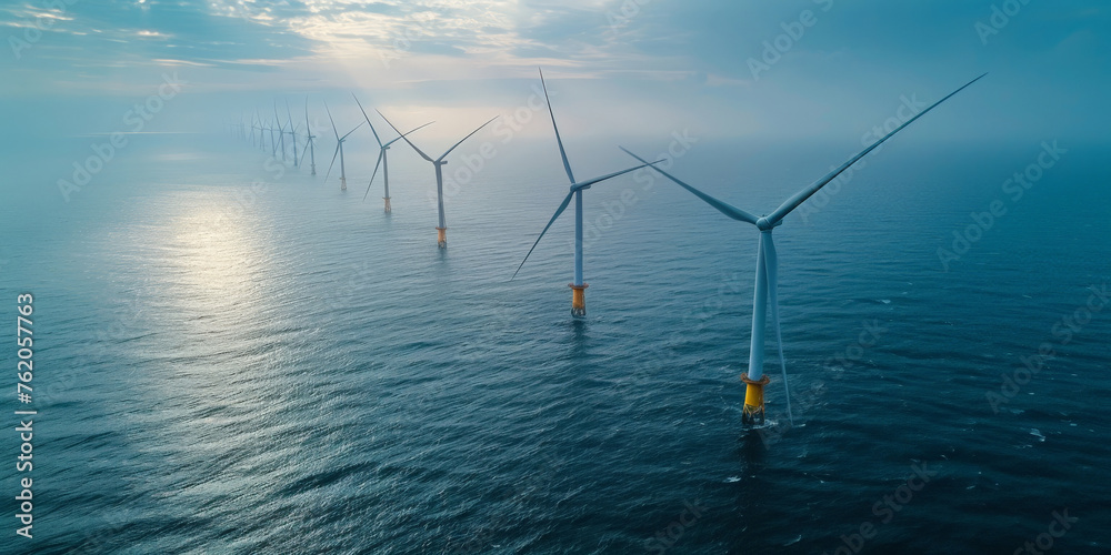  electricity wind turbine on blue sea with blue sky with foggy weather, offshore wind farm,