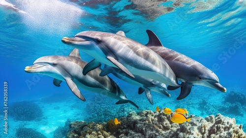group of dolphins swimming on shallow coral reefs © nomesart