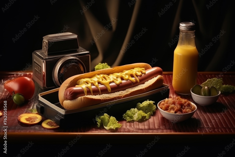 Appetizing hotdog with yellow mustard and red ketchup on reflective mirror table, fast food delicacy