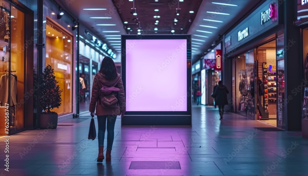 Shopping Mall Walkway with Woman and Glowing Display
