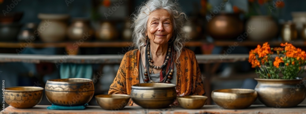 middle-aged women with singing bowls.  sound healing, mental health, sound therapy,  wellness, meditation concept. banner