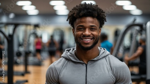 A cheerful young man with a friendly demeanor posing in a gym environment with fitness equipment in the background