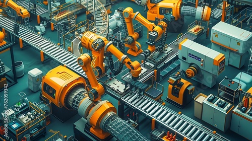 A robot factory with conveyor belts machines