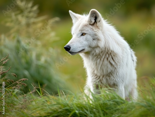 arctic white wolf on a background of green grass background.