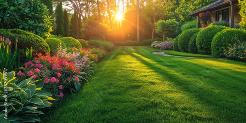 Beautiful home garden with a green lawn and colorful flowers landscape design ideas for green garden a sunset or sunrise  residential house backyard background. medern house eksterior  