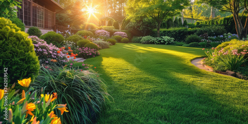 Beautiful home garden with a green lawn and colorful flowers,landscape design ideas for green garden a sunset or sunrise, residential house backyard background. medern house eksterior	
 photo