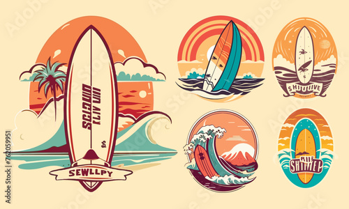 Retro Surf logo templates set. Vintage logo with surfing board, sea and sun.