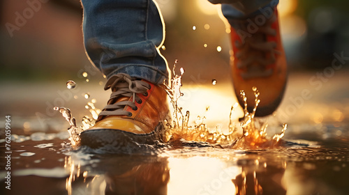 Golden sunlight highlights the moment of a person's vibrant orange shoes making contact with a shallow puddle