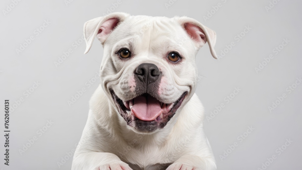 Portrait of White american bulldog on grey background