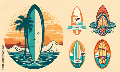 Retro Surf logo templates set. Vintage logo with surfing board, sea and sun.