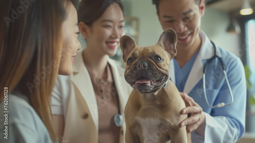 vet examining dog.