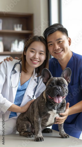 A French Bulldog with vet in a clinic.