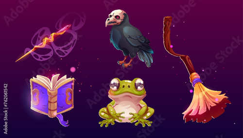 Wizard and witch cartoon game ui assets. Vector icons set of fairytale sorcerer equipment and symbols - magic wand and broom, green fog and black raven, open fantasy book. Halloween decoration.