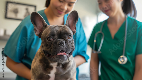A French Bulldog with vet in a clinic.