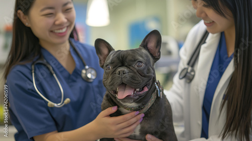 A French Bulldog and female owner, and a Asian male vet in a clinic.