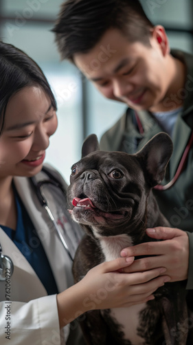 A French Bulldog with vet in a clinic.
