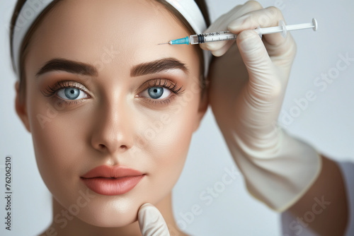Plastic surgeon doctor giving botox injections to the woman treatments for her facial skin to reduce wrinkles, lines and rejuvenate her appearance to look younger 