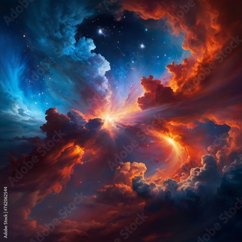 Witness a cosmic collision of color and light as swirling clouds converge in a dazzling tableau of celestial fireworks.