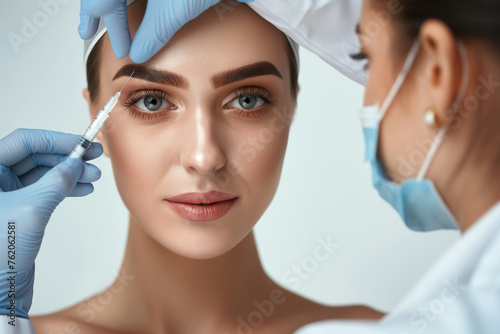 Plastic surgeon doctor giving botox injections to the woman treatments for her facial skin to reduce wrinkles, lines and rejuvenate her appearance to look younger 
