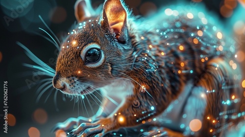 Futuristic robotic squirrel sleek metal design closeup hightech glow