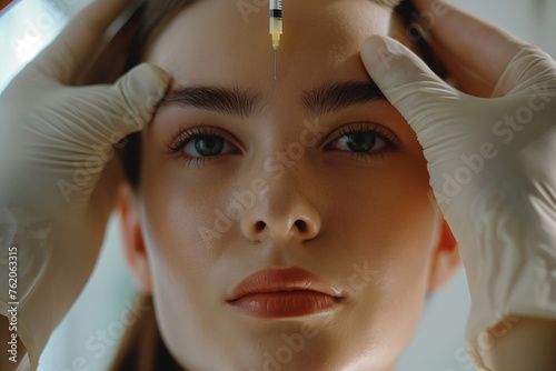 Plastic surgeon doctor giving botox injections to the woman treatments for her facial skin to reduce wrinkles, lines and rejuvenate her appearance to look younger 