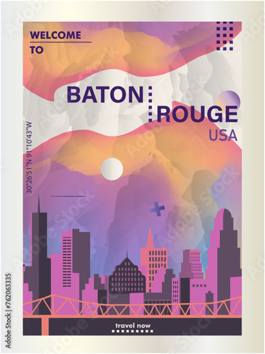 Welcome to Baton Rouge, USA Louisiana state city poster with abstract shapes. Cool vector layout for vertical brochure, website, flyer, presentation