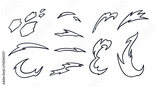 Comic energy explosion. Trace from dynamic movements, running, smash and hit. White dust for game animation asset. Powerful burst from weapon or bomb isolated vector set. Steam or clouds