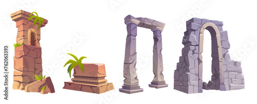 Broken ruins of ancient stone buildings. Arch rock entrance and part of brick wall with grass and plants. Cartoon vector illustration set of abandoned old pieces of architecture for archeology concept
