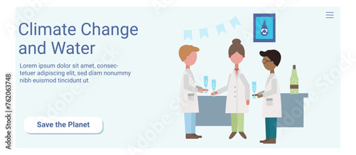 Climate change and water. Scientists at the party. Celebrating a breakthrough in the discovery of water filtration. Vector banner rectangular.