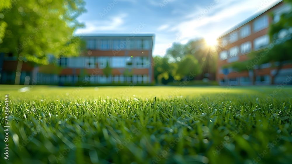 Vibrant Green School Yard in Soft Morning Sunlight: A Defocused Photo with Bokeh Effect