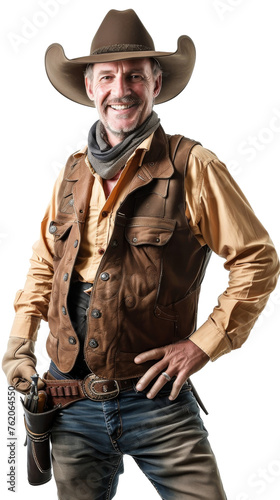 A smiling man dressed as a cowboy isolated on white