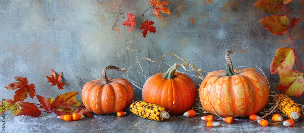 Thanksgiving home decor with pumpkins, Indian corn, and autumn leaves. Thanksgiving home decor with pumpkins, Indian corn, and autumn leaves.