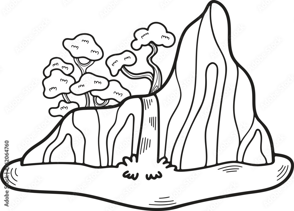 Fototapeta premium Hand Drawn island and waterfall in flat style