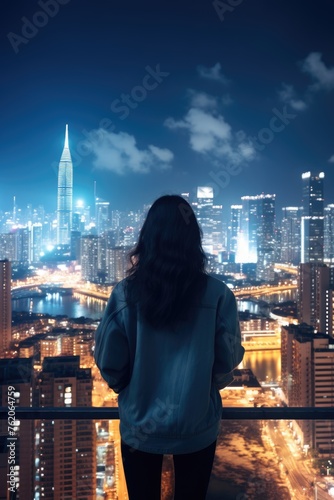 A woman admiring the city lights at night. Fictional character created by Generated AI. 