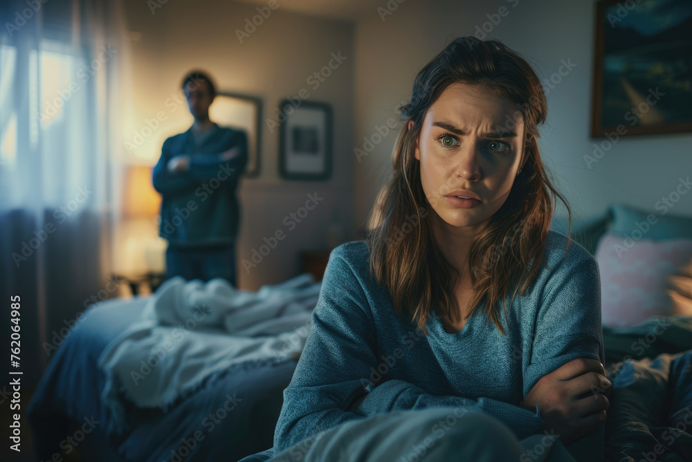 Scared woman sitting on bed with arms crossed, man standing behind her and trying to talk in the bedroom at home. Row between young couple after fight about love and definitely - obrazy, fototapety, plakaty 