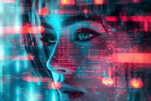 Conceptual image of a woman's face overlaid with glowing binary code, representing artificial intelligence and data analysis..