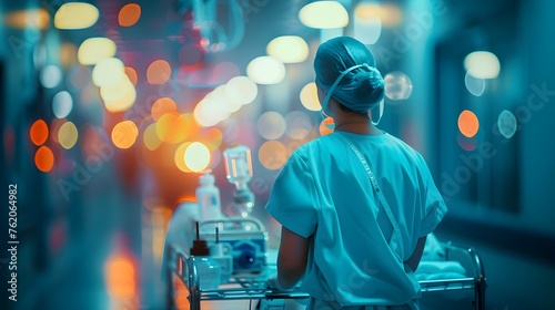 Nurse in Scrubs Standing at End of Medical Equipment with Bokeh Lights in Hyper Style