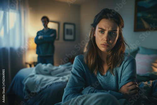 Scared woman sitting on bed with arms crossed, man standing behind her and trying to talk in the bedroom at home. Row between young couple after fight about love and definitely photo