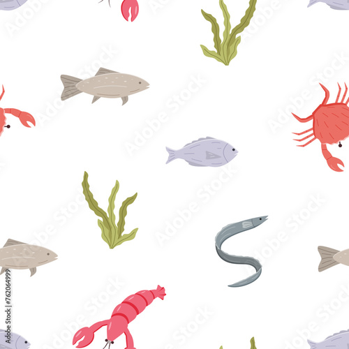 Seamless pattern of marine animals. Vector background of fish algae, eel, crab, lobster.